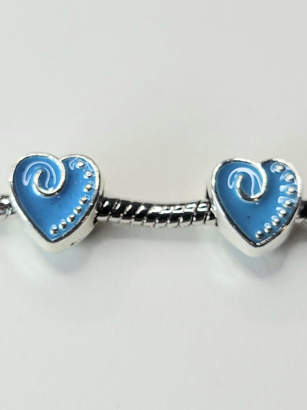 New! For Pandora Bracelets TWO Bright Blue And Silver Color Chunky Heart Charms - Picture 5 of 5